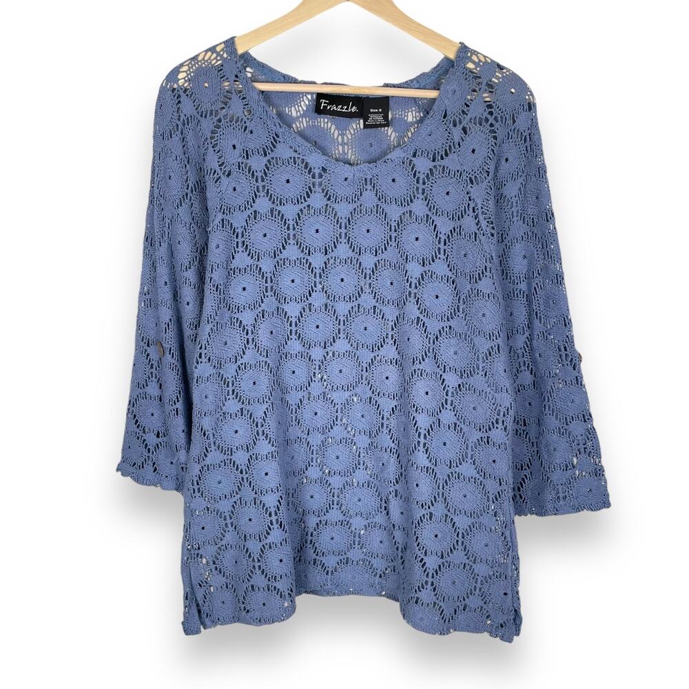 90s VTG Frazzle Top Womens S Blue Crochet Lace Open Knit Pullover Summer Beachy
